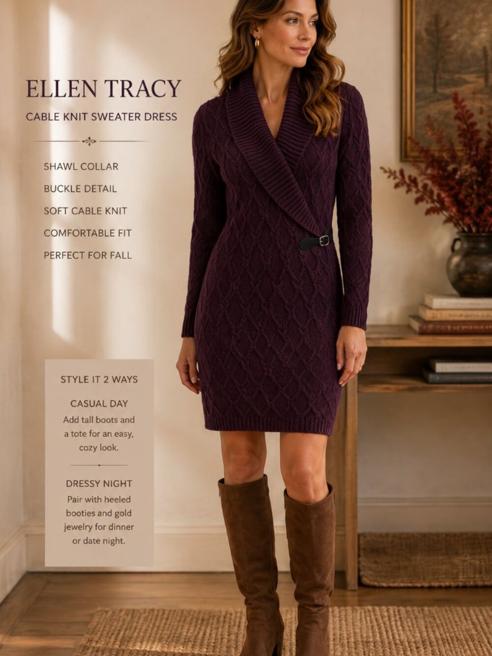 Ellen Tracy Sweater Dress Womens PM Purple Cable Knit Shawl Collar Preppy